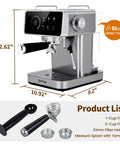 Digital Touchscreen Espresso Maker With 20 Bar Pressure Pump And Dual Spout Portafilter 51 Oz Tank Built In Timer showcasing sleek design and essential accessories.