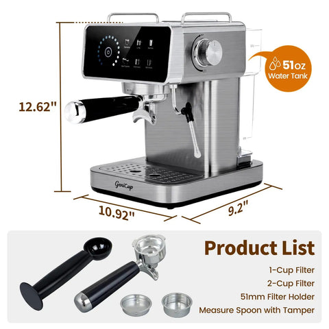 Digital Touchscreen Espresso Maker With 20 Bar Pressure Pump And Dual Spout Portafilter 51 Oz Tank Built In Timer showcasing sleek design and essential accessories.