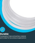 Clear PVC Vinyl Tubing Half Inch Inner Diameter Five Eighth Inch Outer Diameter Ten Foot Length Ideal Low Pressure Transfer Of Liquids Chemicals And Gases Suitable For Drainage Lines Potable Water Beverage Dispensers Aquarium Lab Use Not For Ice Makers coiled for display