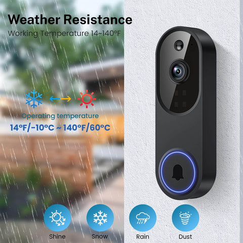 Doorbell Camera M52 Outdoor Indoor 1080 HD Night Vision With Four Infrared Lights on wall showing weather resistance icons
