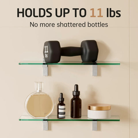 Floating Glass Bathroom Shelf 16 Inch Tempered Glass Wall Shelf With Brushed Nickel Brackets Dope Space Saving Organizer 2 Pack Easy Install Built To Last showcasing weight capacity with items.