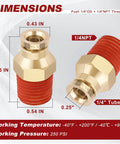 1/4 Inch Quick Push To Connect Brass Union Straight Fitting High Quality DOT Approved For Tube OD X NPT Thread Air Line Adapter Suspension Kit For Truck Trailers And Brake System 4pcs, dimensions and specifications shown.