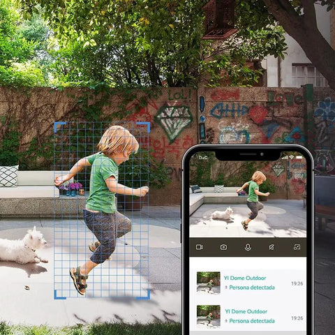 Outdoor WiFi PTZ Security Cam 1080P Waterproof With AI Human Detection And Color Night Vision Cloud And SD Card Storage Smart Alerts Easy App Control For Home Surveillance And Remote Monitoring capturing a child and dog in yard