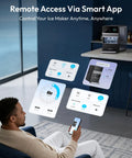 User controlling Top Counter Ice Cube Maker App Enabled Produces 110 Massive Two Inch Crystal Clear Daily Cubes from smartphone.