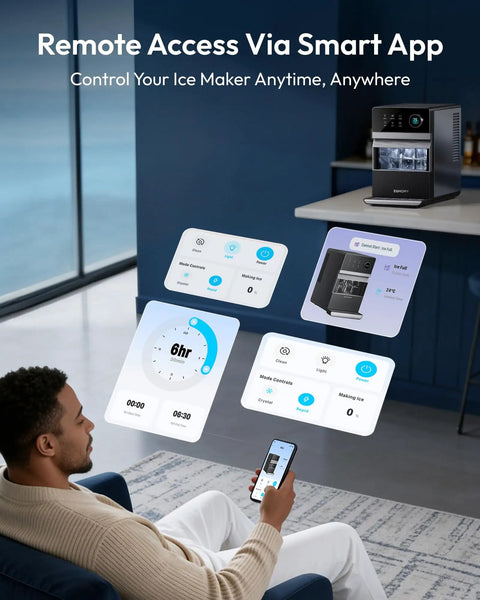 User controlling Top Counter Ice Cube Maker App Enabled Produces 110 Massive Two Inch Crystal Clear Daily Cubes from smartphone.