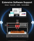 Front view of Twotrees TTC3018 Pro desktop CNC router with all-metal frame and red spindle beside wooden block.
