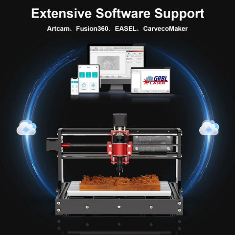 Front view of Twotrees TTC3018 Pro desktop CNC router with all-metal frame and red spindle beside wooden block.