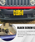 Heavy Duty Stainless Steel Anti Theft License Plate Screws And Security Bolts For Cars Built Tough With Rugged Black Coating Auto Tag Mounting Hardware Kit shown on vehicle front with black screw cap.