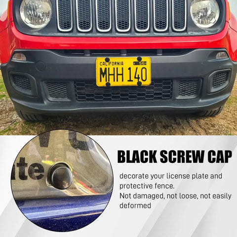 Heavy Duty Stainless Steel Anti Theft License Plate Screws And Security Bolts For Cars Built Tough With Rugged Black Coating Auto Tag Mounting Hardware Kit shown on vehicle front with black screw cap.
