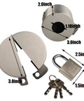 Door Knob Lockout Gadget With Padlock And Stainless Steel Lock Cover For Privacy Protection Preventing Keyhole Access And Knob Turning Versatile Lock For Doors Faucets Valves Travel Safety shown with dimensions and keys