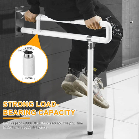 Person demonstrating strength of Foldable Toilet Grab Bar 29.5 Inch with Flip Up Design Safe Handicap Rail for Bathroom Anti Slip Leg Support