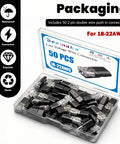 Dual Wire Plug In Connector For Low Voltage LED Light Strips 2 Pin Quick Connect Wire Connectors For 18 To 22 AWG Easy Snap In Power Tap Reusable Durable 50 Piece Set packaging