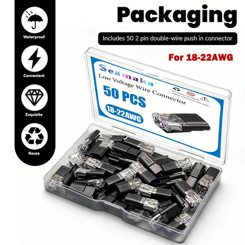 Dual Wire Plug In Connector For Low Voltage LED Light Strips 2 Pin Quick Connect Wire Connectors For 18 To 22 AWG Easy Snap In Power Tap Reusable Durable 50 Piece Set packaging