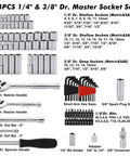 All In One 94 Piece One Quarter Inch And Three Eighth Inch Drive Socket Set With Ratchet Extension Bars And Universal Joint visible