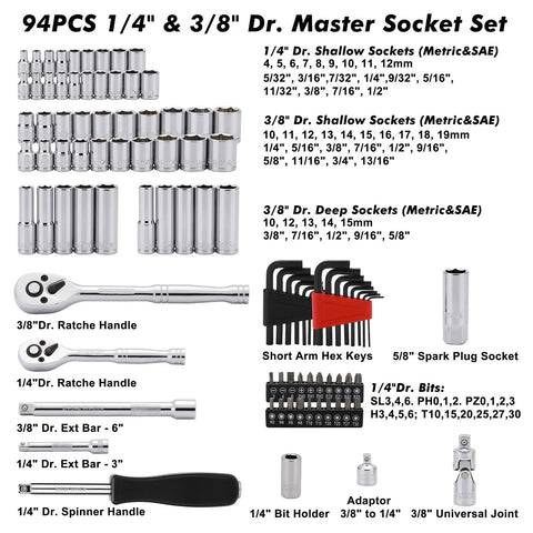 All In One 94 Piece One Quarter Inch And Three Eighth Inch Drive Socket Set With Ratchet Extension Bars And Universal Joint visible