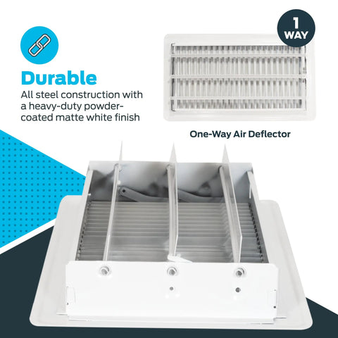 6 X 12 Inch Duct Opening Floor Register Vent Cover With One Way Deflector Adjustable Dampers And 24 Louvers For Boss Level Airflow Control Solid Steel White HVAC Floor Diffuser