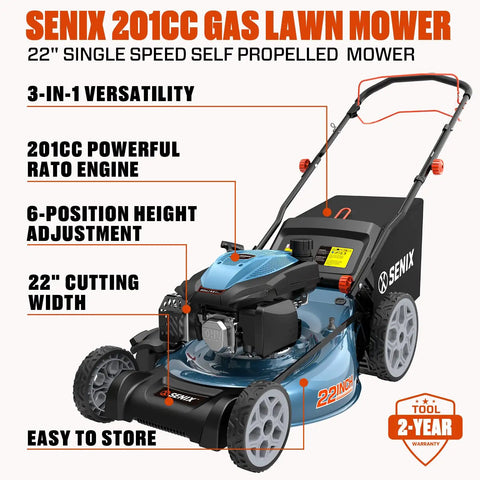 Workhorse 201cc Gas Lawn Mower With 3 In 1 Cutting System Side Discharge Mulching And Bagging self propelled rear wheel drive, 22-inch
