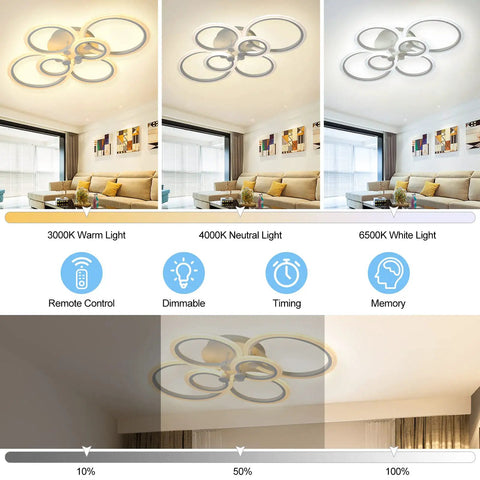 Dope Modern LED Ceiling Light Fixture With 6 Adjustable Ring Design, Flush Mount, Dimmable Color Changing White 60W Lamp With Remote