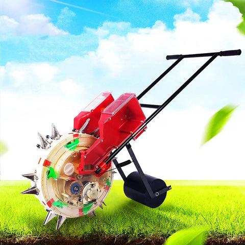 Hand Push Garden Seeder And Fertilizer Spreader, Manual Seeding Machine with dual buckets on wheels in a grassy field