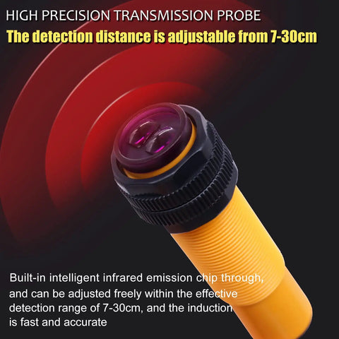 Close-up of Photoelectric Sensor Adjustable 30 Cm Sensing Range M18 Diffuse Reflection Proximity Switch with red infrared light