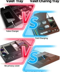 Comparison of valet trays, featuring Leather Wireless Charging Valet Tray for Men with fast charging and magnetic privacy cover.