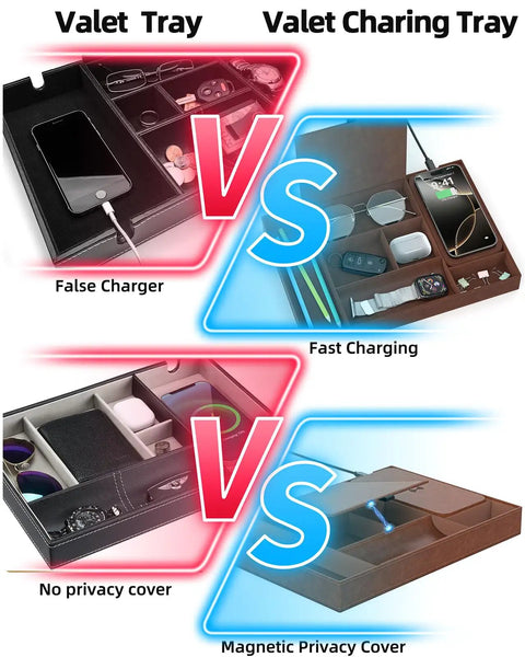Comparison of valet trays, featuring Leather Wireless Charging Valet Tray for Men with fast charging and magnetic privacy cover.