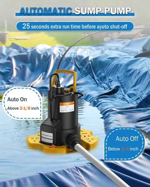Built Like A Tank One Horsepower Pool Cover And Sump Pump Moving Up To 3500 GPH shown in action on a pool cover.