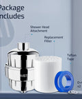 Hard Water Shower Filter With High Output Filtration package includes head attachment, replacement filter, tape.