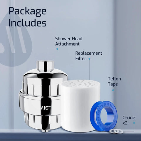 Hard Water Shower Filter With High Output Filtration package includes head attachment, replacement filter, tape.