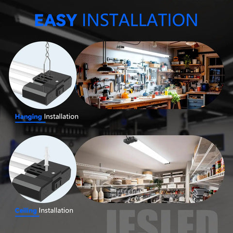 LED Shop Light Four Foot With 3CCT Selectable 4000K 5000K 6500K Adjustable 30W 40W 50W 7500 LM Ultra Bright Linkable Garage And Workshop Ceiling Light ETL Listed Two Pack, showing easy hanging and ceiling installation in garage and storage rooms.