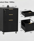 Slick Fluted 3 Drawer Rolling File Cabinet With Secure Lock, Heavy Duty Casters, Compact Printer Stand Table And Under Desk Wooden Storage Organizer For Home Office Workstation In Matte Black with dimensions.
