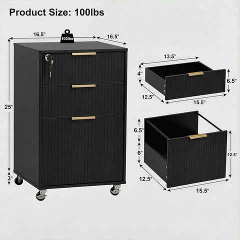Slick Fluted 3 Drawer Rolling File Cabinet With Secure Lock, Heavy Duty Casters, Compact Printer Stand Table And Under Desk Wooden Storage Organizer For Home Office Workstation In Matte Black with dimensions.