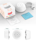 All Night White Noise Machine With 9 Color Night Light, showing packaging, USB cable, and product dimensions in inches.