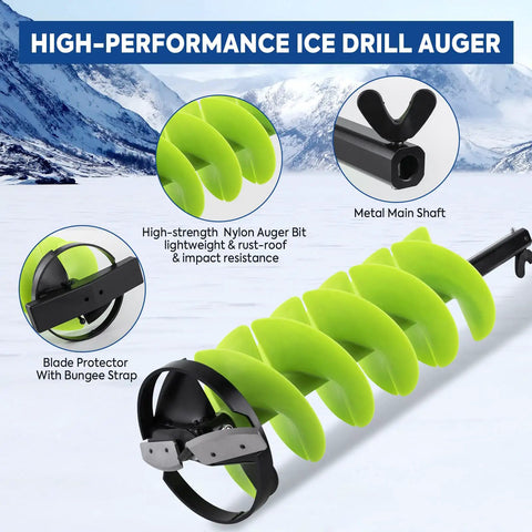 Image of 7 Inch Nylon Ice Drill Auger with 41 Inch Length, showing details of nylon auger bit and metal main shaft.