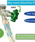 Brass Backflow Preventer Vacuum Breaker For Garden Hose With Anti Siphon Check Valve Three Quarters Inch Connection, shown installed on faucet with spigot and hose.