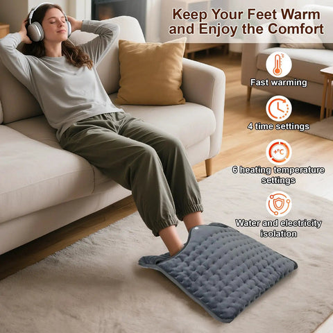 Woman using Double Layer Electric Heated Foot Warmer Quick Heat Up And Keeps Feet Cozy And Toasty 16 By 16 Inches under desk
