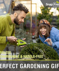 Man using Cordless Grass Shear And 2 In 1 Hedge Trimmer For Easy Yard Care on bush, woman smiling nearby.