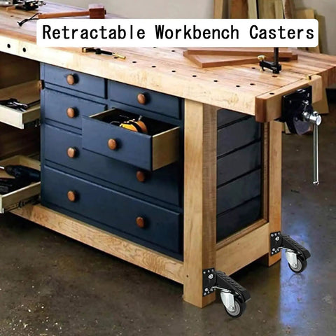 Heavy Duty Retractable Casters With Foot Tap Release, Smooth Polyurethane Wheels For Moving Workbenches And Gear, Solid Steel Base Handles Massive Loads Without Breaking A Sweat, Complete Four Piece Set, shown on workbench.