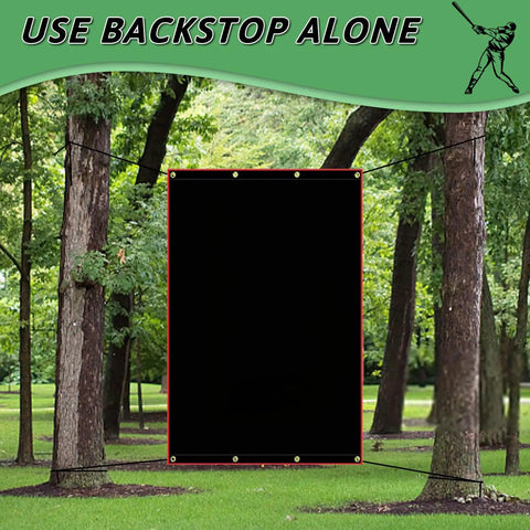 Backyard Baseball Batting Cage Backstop Built From Heavy Duty Vinyl Tarp 4x6 Foot with copper grommets in a forest setup