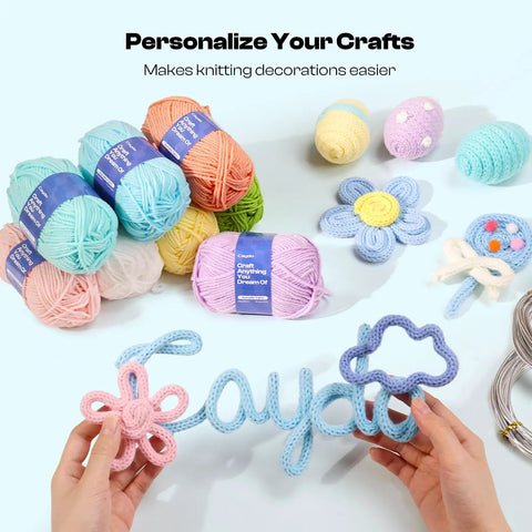 Hands crafting with Aluminum Craft Wire and Acrylic Yarn Kit for I Cord Knitting Beginners, colorful yarn skeins and floral designs displayed.