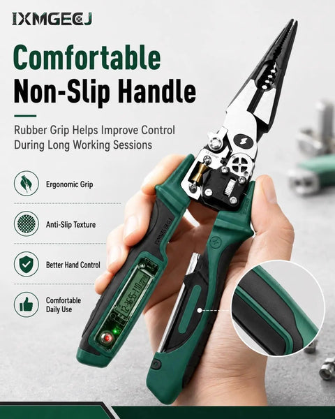 4 In 1 Wire Stripping And Testing Pliers With Built In Voltage Tester For Cutting, Crimping, And Pulling Wires, Handy On The Job Electrician Tool Pliers That Are Compact, Durable, And Easy To Store, Green, with non-slip handle