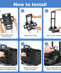 Step-by-step installation of Rolling Cleaning Caddy Bag With Detachable Trolley For Housekeepers, showing unfolding and securing steps.