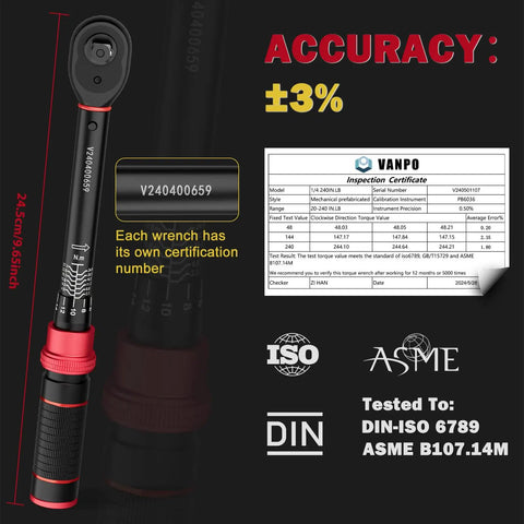 Quarter Inch Drive Torque Wrench With Twenty To Two Hundred Forty Inch Pound Range For Precise Bike Maintenance, wrench specifications and certificate.