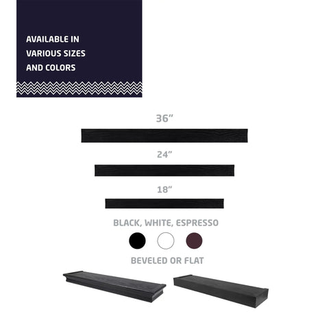 24 Inch Floating Wall Shelf Holds Up To 20 Lbs Tool-Free Drywall Install Flat Black Finish available in various sizes and colors
