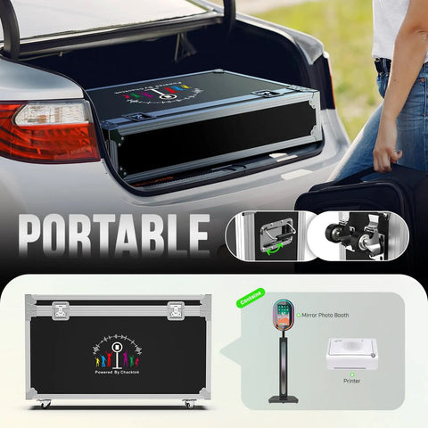 Portable case for Mirror Photo Booth With Printer And 4K HD Camera shown in open car trunk with close-up details.