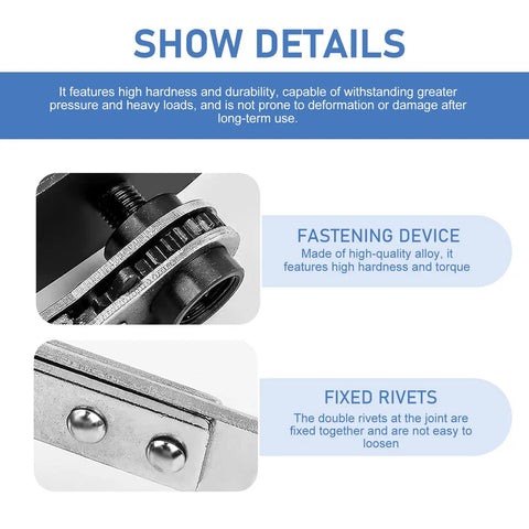 Close-up of 4 In 1 Disc Brake Piston Separator And Caliper Press Tool With Anti Slip Ratchet Wrench showing fastening device and fixed rivets