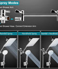 Diagram showing 8 Inch High Pressure Rainfall Shower Head And Handheld Shower Combo With 11 Inch Extension Arm in 3 spray modes
