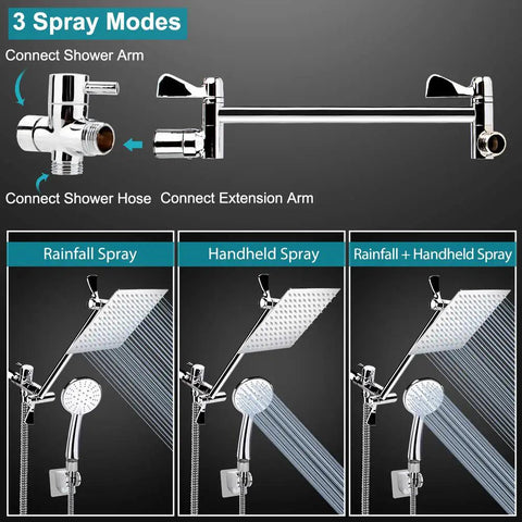 Diagram showing 8 Inch High Pressure Rainfall Shower Head And Handheld Shower Combo With 11 Inch Extension Arm in 3 spray modes