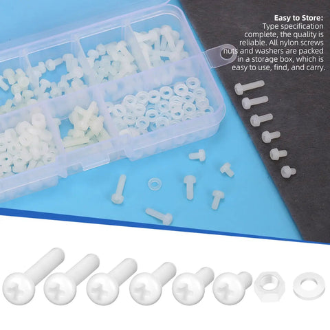 Top Shelf M3 Nylon Phillips Pan Head Screw Kit 360 Piece Assortment showing screws, nuts, and washers in a storage box.