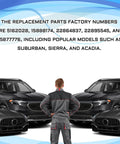 Mechanic stands between cars with text listing replacement part numbers for Chevrolet and GMC models.